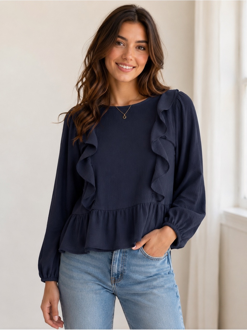 TRESICS Luxe Navy Blue Flounce Blouse | Size Medium | Romantic Ruffle Top